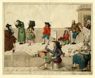 Een hoek van Pont Neuf, Parijs, met kreupele bedelaars en straatverkopers, ca. 1813