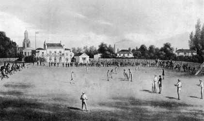 Een cricketwedstrijd in progressie op Kennington Oval, Londen