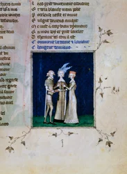 Een ridder en een dame wisselen ringen uit, ca. 1350