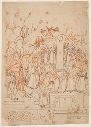 Een blad uit een Baramasa-serie: de maand Jyestha mei-juni, Krishna kijkt naar de Gopis..., ca. 1760