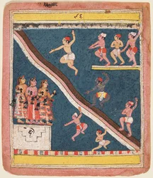 Een pagina uit Rasikapriya van Kesava Das: Krishna en de Gopas duiken in een vijver, ca. 1640