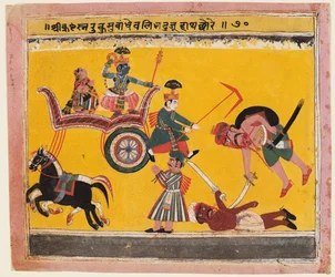 Een pagina uit een Bhagavata Purana: Na Krishna bond Rukma Rukminis broer Balarama..., c. 1640