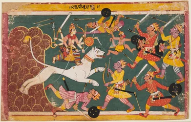 Een pagina uit de Devi-Mahatmya: De Godin als de Drinker van de Demon Raktabija, ca. 1640