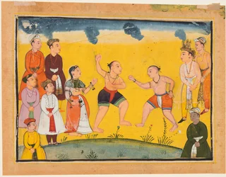 Een pagina uit de Mahabharata: Bhima vecht met Jayadratha, c. 1615