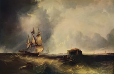 Een schip en mannen in een roeiboot bij Calais
