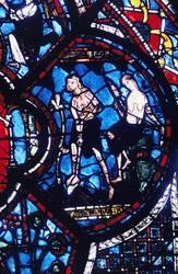 Adam en Eva, glas-in-lood, Kathedraal van Chartres, Frankrijk, 1205-1215