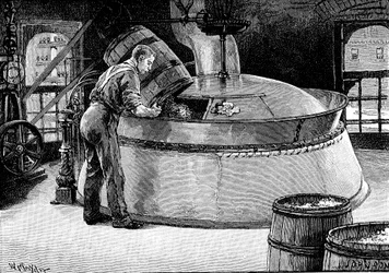 Hop toevoegen aan kokend bier in een Amerikaanse brouwerij, 1885