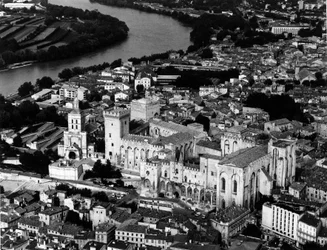 Luchtfoto van het Pausenpaleis (1335-1355) en de Kathedraal Notre Dame des Doms (Notre-Dame-des-Doms) (12e eeuw). Avignon, Vaucluse