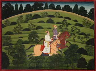 Akrura rijdt naar Dwarka, pagina uit de grote Basohli Bhagavata Purana