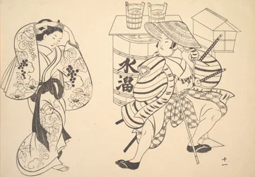 Een Oiran die haar haar herschikt op straat terwijl een jonge samoerai toekijkt