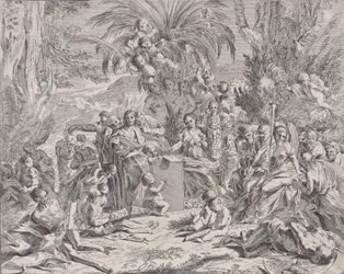 Een allegorie van schilderen, die als kind in het midden links op een tablet tekent, omringd..., 1650-1700