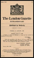 Een buitengewoon bulletin van The London Gazette waarin het overlijden van koning George V wordt aangekondigd, 1865-1936