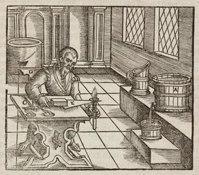 Analyse van salpeter, gebruikt in buskruit en voor het conserveren van vlees - Gravure uit Beschrijving van mineralen en de belangrijkste mijnbouwmethoden, van Lazarus Ecker