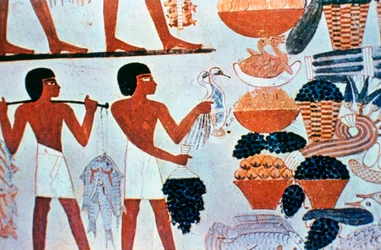 Oude Egyptische muurschilderingen in een tombe in Thebe, Egypte