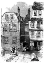 Oude huizen in de Tempel en het graf van Oliver Goldsmith, Londen, 1860
