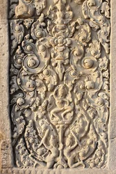 Angkor Wat, gebeeldhouwd detail op muur, bloemen, Siem Reap, Cambodja