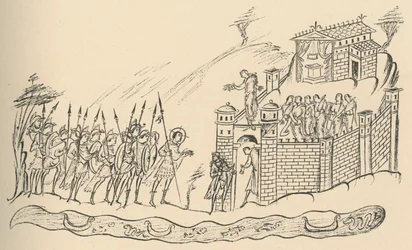 Angelsaksische krijgers naderen een fort, 1908