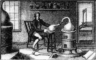Antoine Laurent Lavoisier, 18e-eeuwse Franse chemicus, in zijn laboratorium, 1814