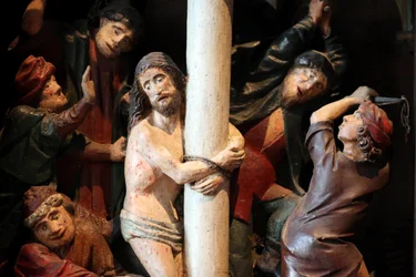 Arbois, Jura, Saint-Hippolyte kerk. Het vijftiende-eeuwse retabel. Geseling van Christus
