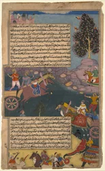 Arjuna vecht tegen Raja Tamradhvaja, folio uit een Razmnama, ca. 1616-17