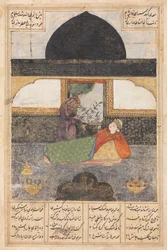 Bahram Gur bezoekt de prinses van India in het Zwarte Paviljoen, recto, ca. 1400-1410