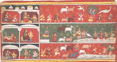 Bakasura, de kraandemon, arriveert in Brindavan... een verspreide Bhagavata Purana, ca. 1700