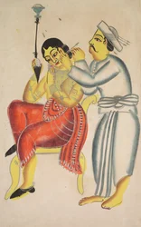 Barbier reinigt het oor van een vrouw, 1800s