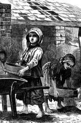 Blootsvoetse meisjes die stof zeven in een steenfabriek, 1871
