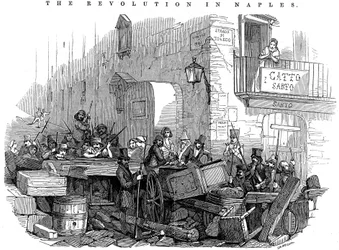 Barricade in de Strada di Toledo vlak voor de aanval, Revolutie in Napels, 15 mei 1848