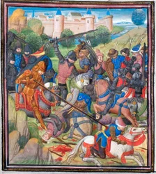 Slag tussen kruisvaarders onder Baldwin II van Jeruzalem en de Saracenen. Miniatuur uit de Historia van Willem van Tyrus
