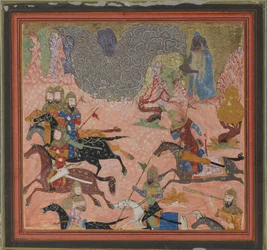 Bazur, de tovenaar, roept duisternis en een storm op, Folio uit een Shahnama, ca. 1430-40