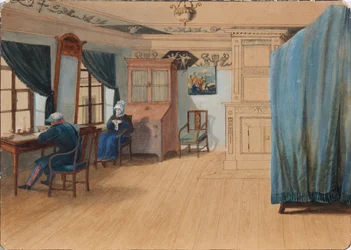 Slaapkamer interieur. Graaf Yegor Frantsevich Kankrin 1774-1845 aan zijn bureau, 1820s