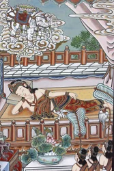 Voor de geboorte van Siddhartha Gautama droomde zijn moeder van een witte olifant die haar een lotusbloem presenteerde, Seoul, Zuid-Korea