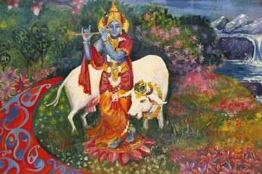 Bhaktivedanta Manor Schilderij dat Krishna en een koe afbeeldt, Watford, Groot-Brittannië