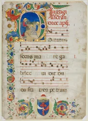 Bifolium uit een Antifonarium: Initiaal D[ominus Iesus], ca. 1425-1450