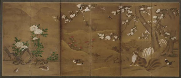 Vogels, bloemen van de seizoenen, en civetkatten, Muromachi of Momoyama-periode, 16e eeuw