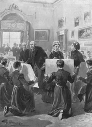 Bluecoat Boys tonen hun tekeningen aan Koningin Victoria in Buckingham Palace, 1873, 1901