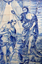 Brazilië, Bahia, Salvador: Azulejo in Bonfim kerk: Doop van Jezus