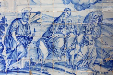 Brazilië, Bahia, Salvador: Azulejo in Bonfim kerk: de vlucht naar Egypte