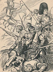 Britse soldaten bij de Slag bij Waterloo, ca. 1907
