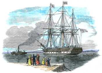 Brits emigrantenschip wordt de haven uitgesleept voor vertrek naar Sydney, Australië