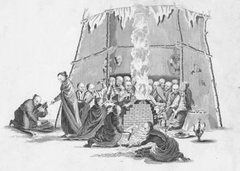 Het verbranden van het dode lichaam van een Lama, ca. 1802