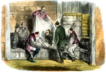 Camlets kopen in een winkel, Yokohama, Japan, 1865