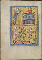 Kalender, september, mannen die druiven plukken en treden - Psalter van Eleanor van Aquitanië (ca. 1185) - KB 76 F 13, folium 009v