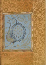 Kalligrafische compositie in de vorm van een pauw, blad uit het Bellini-album, ca. 1600.