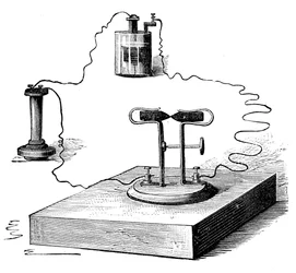 Koolmicrofoon, uitgevonden in 1878 door David Edward Hughes, 1890
