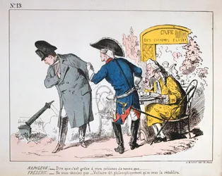 Karikatuur van Napoleon I die de val van de Colonne de Vendome bekijkt, Parijse Commune, 1871