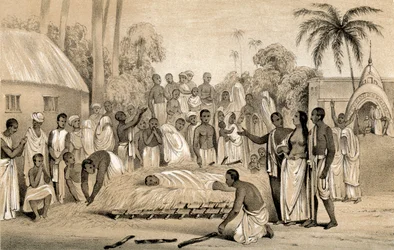 Ceremonie van het verbranden van een hindoeïstische weduwe met het lichaam van haar overleden echtgenoot, 1847