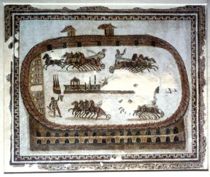 Wagenrace in de arena, Romeins mozaïek, 2e eeuw