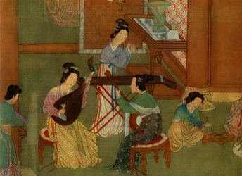 Chinese luit pi-pa, maangitaar yue-chin en tafelciter tchin, detail van een schilderij op zijde